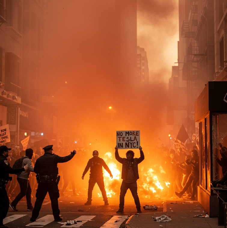 뉴욕 테슬라 대리점 밖에 모인 시위대(Protesters outside a Tesla dealership in New York)
