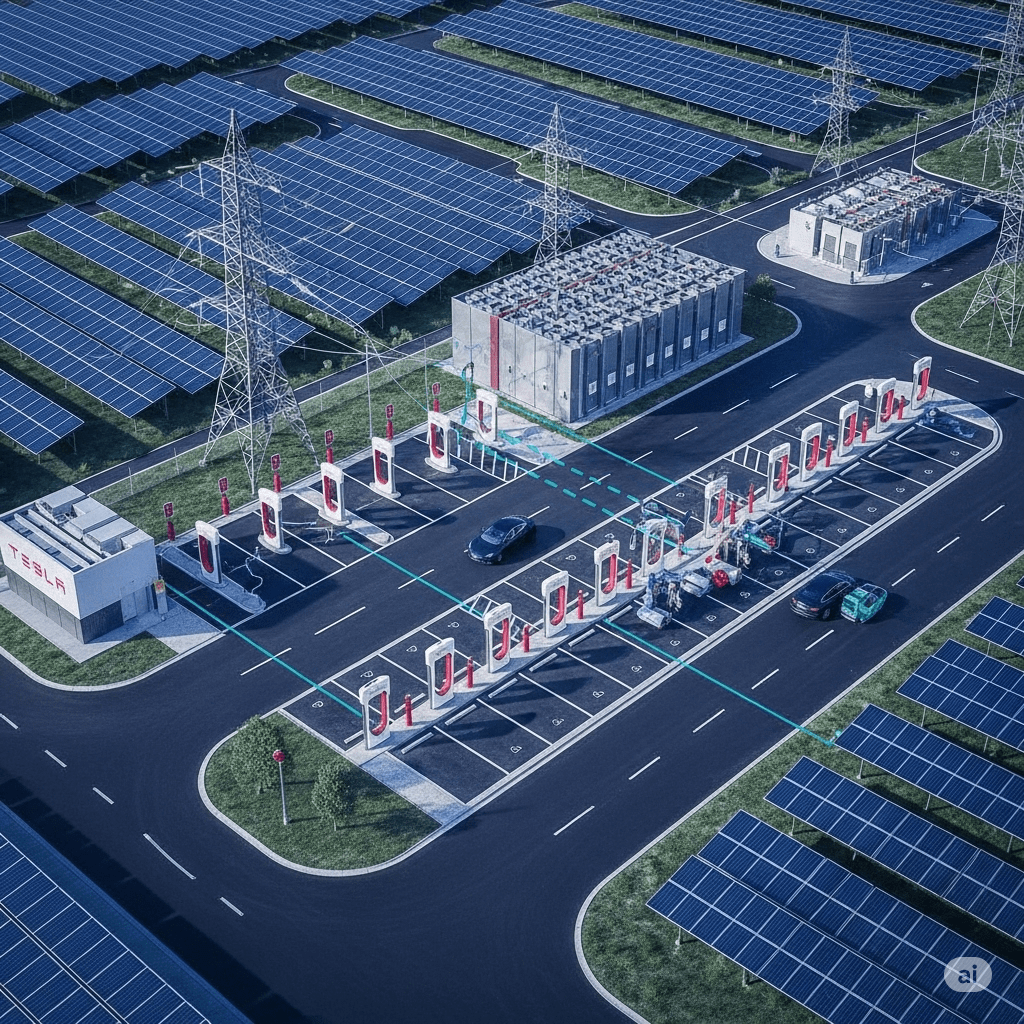 AI 이미지: Tesla Supercharger station, electric grid, solar panels, battery storage - 테슬라 슈퍼차저 스테이션, 전력망, 태양광 패널, 배터리 저장