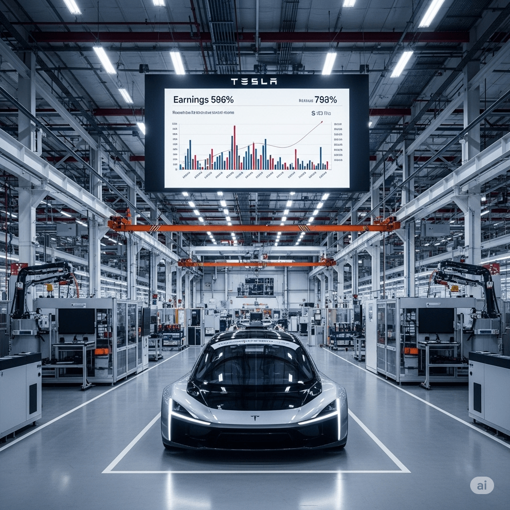 Tesla Earnings, Robotaxi Prototype, Autonomous Technology, Industrial Innovation, Financial Data
2025년 7월 24일 테슬라의 2분기 실적 발표와 자율주행 기술 개발의 현재를 보여주는 이미지