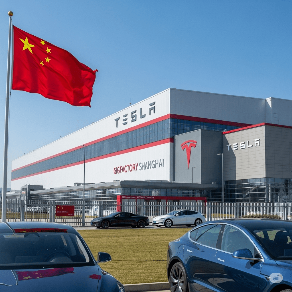 AI 이미지: Tesla Gigafactory Shanghai, Chinese flag, electric vehicle market, partnership - 테슬라 기가팩토리 상하이, 중국 국기, 전기차 시장, 파트너십