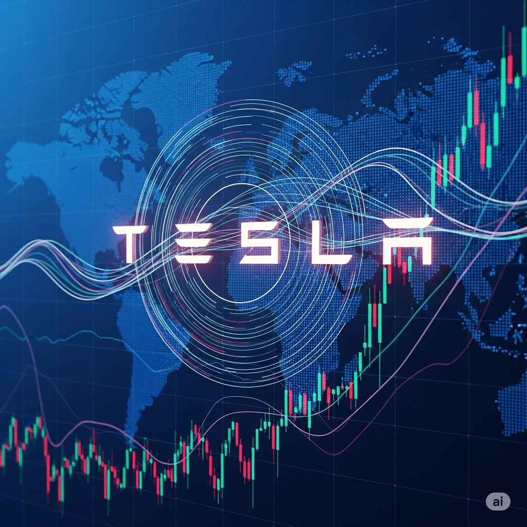 Tesla logo, futuristic design elements, stock market chart, global reach - 테슬라 로고, 미래 지향적 디자인 요소, 주식 시장 차트, 글로벌 확장