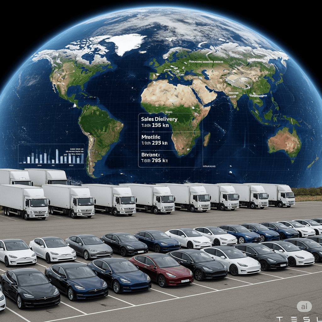 Tesla vehicles lined up, global map, delivery trucks, sales figures - 테슬라 차량 줄지어 선 모습, 세계 지도, 운송 트럭, 판매 수치