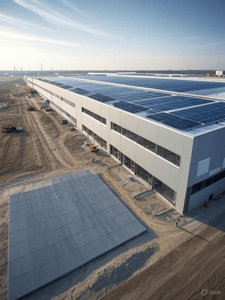 Tesla Giga Berlin, construction site, solar panels, factory lines - 테슬라 기가 베를린, 건설 현장, 태양광 패널, 공장 라인